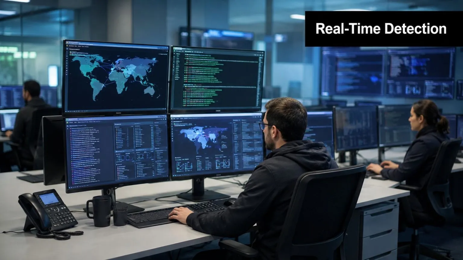 A cybersecurity analyst monitoring global network traffic and digital security threats on multiple computer screens in an office.
