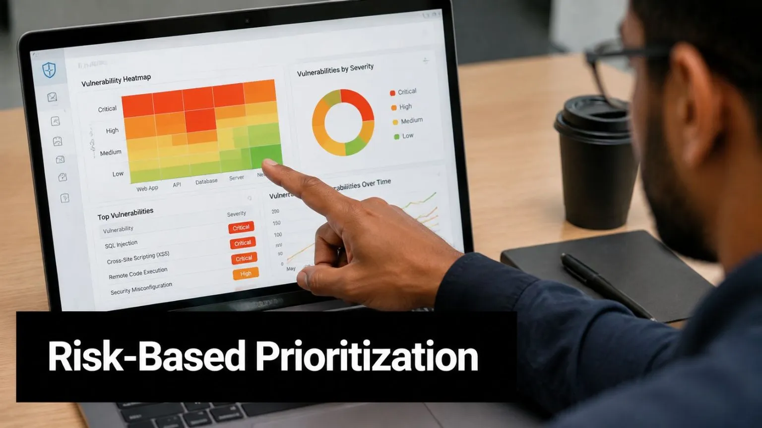 A professional analyzing a vulnerability heatmap and cybersecurity dashboard on a laptop for risk-based prioritization.