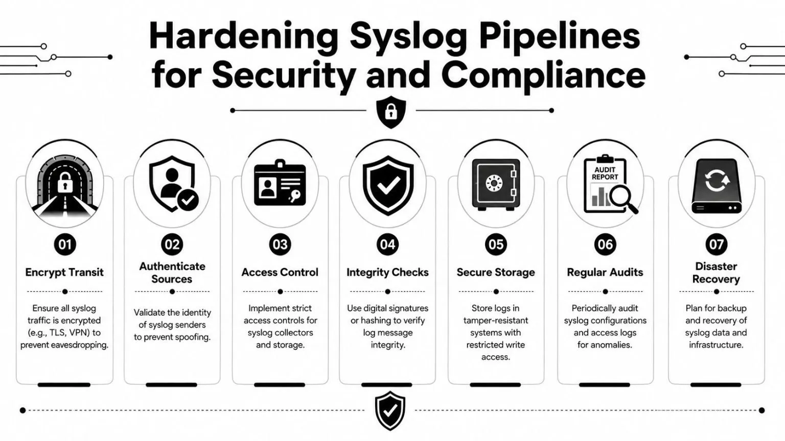 An infographic detailing seven essential steps for hardening syslog pipelines to ensure security and data compliance.