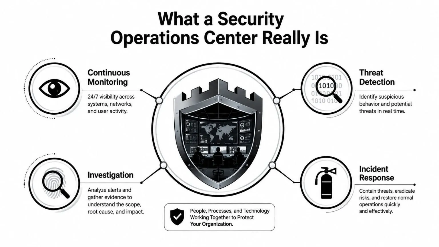 An infographic showing the four core functions of a Security Operations Center: monitoring, detection, investigation, and response.