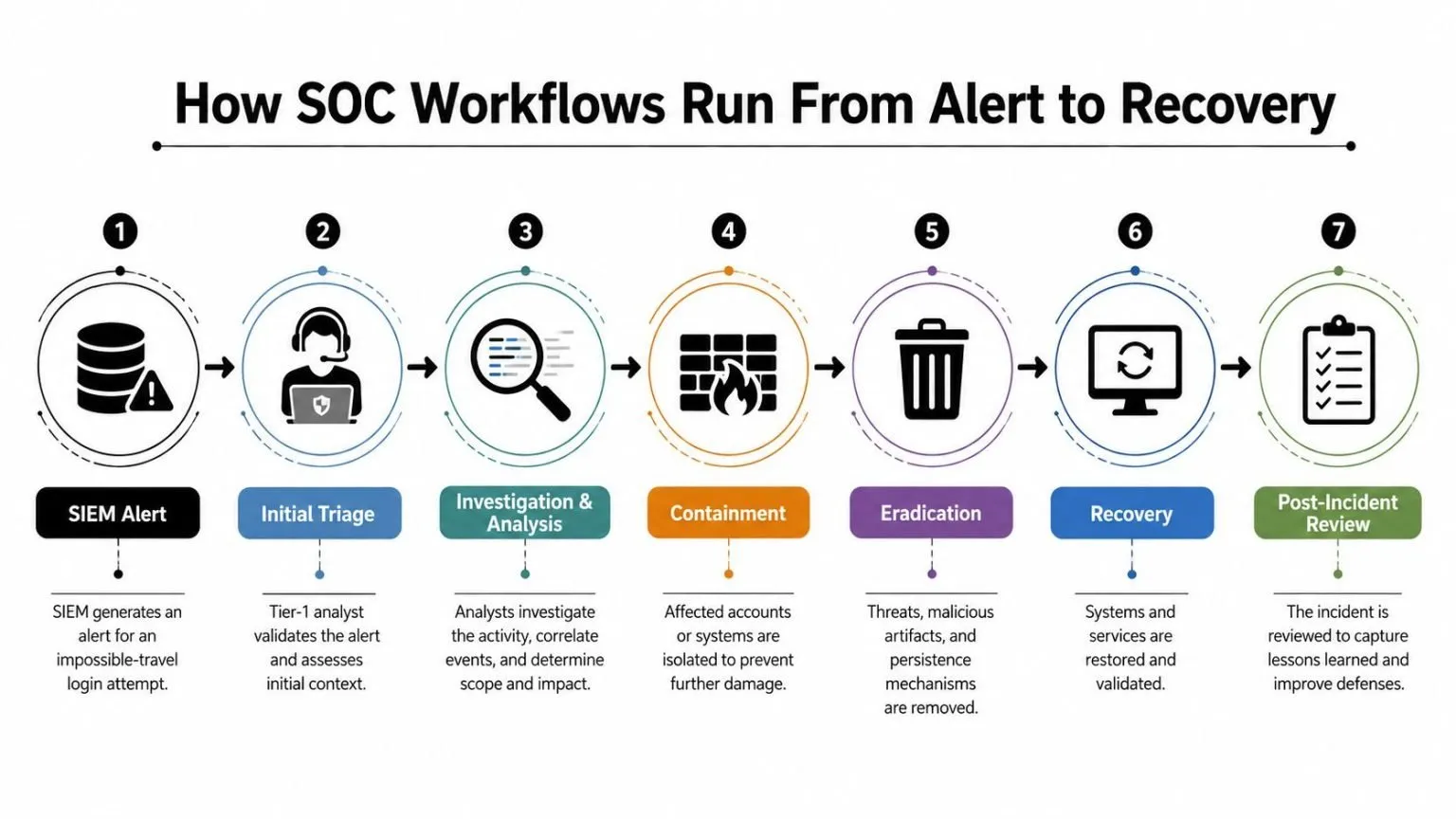 An infographic showing the seven stages of a Security Operations Center workflow from alert to recovery.