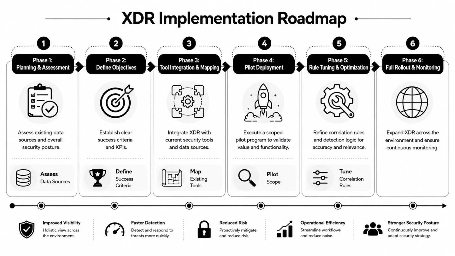 A six-phase roadmap for XDR implementation showcasing strategic steps from initial assessment to full environment monitoring.