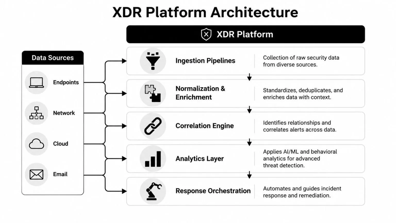 A diagram illustrating the XDR platform architecture, showing data sources flowing into processing and response layers.