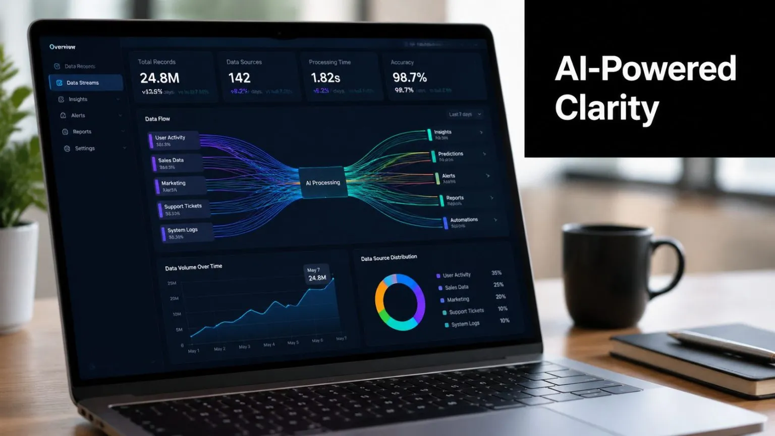 A laptop screen displaying an AI-powered data analytics dashboard with charts, graphs, and data processing metrics.