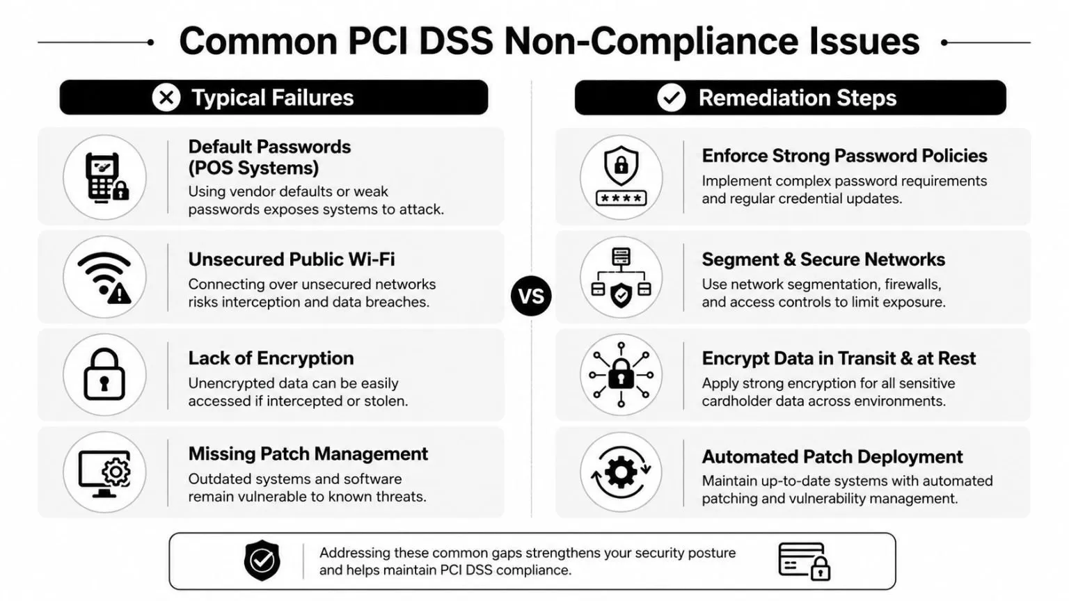 A comparison chart showing common PCI DSS non-compliance issues alongside their corresponding professional security remediation steps.
