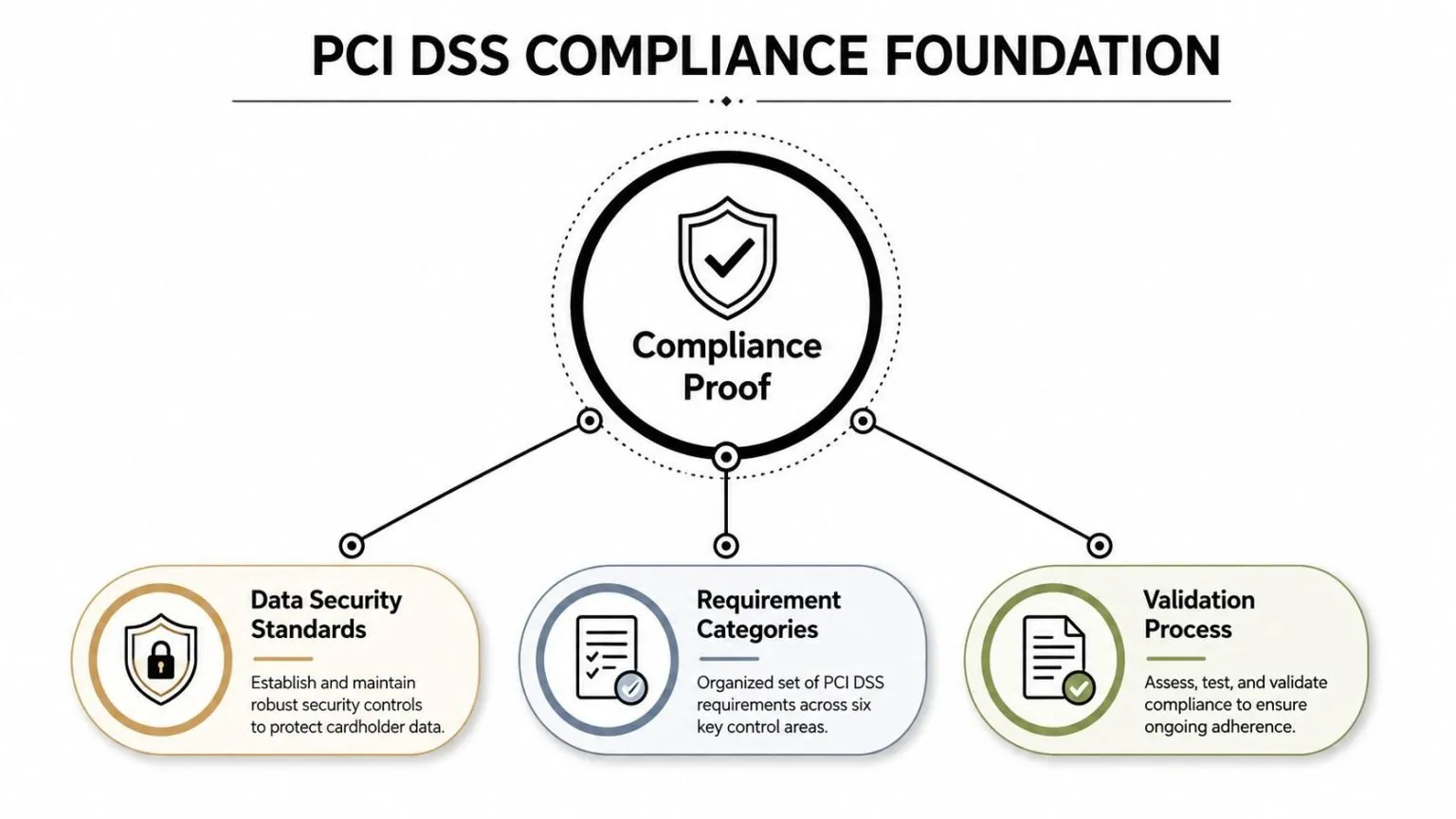 A diagram illustrating the PCI DSS compliance foundation, including data security standards, requirement categories, and validation processes.