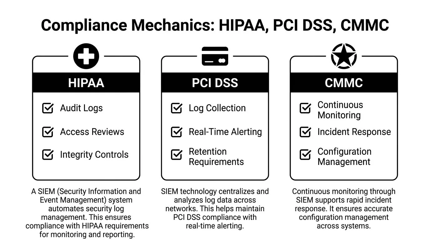 A diagram explaining how SIEM systems support compliance for HIPAA, PCI DSS, and CMMC regulatory frameworks.