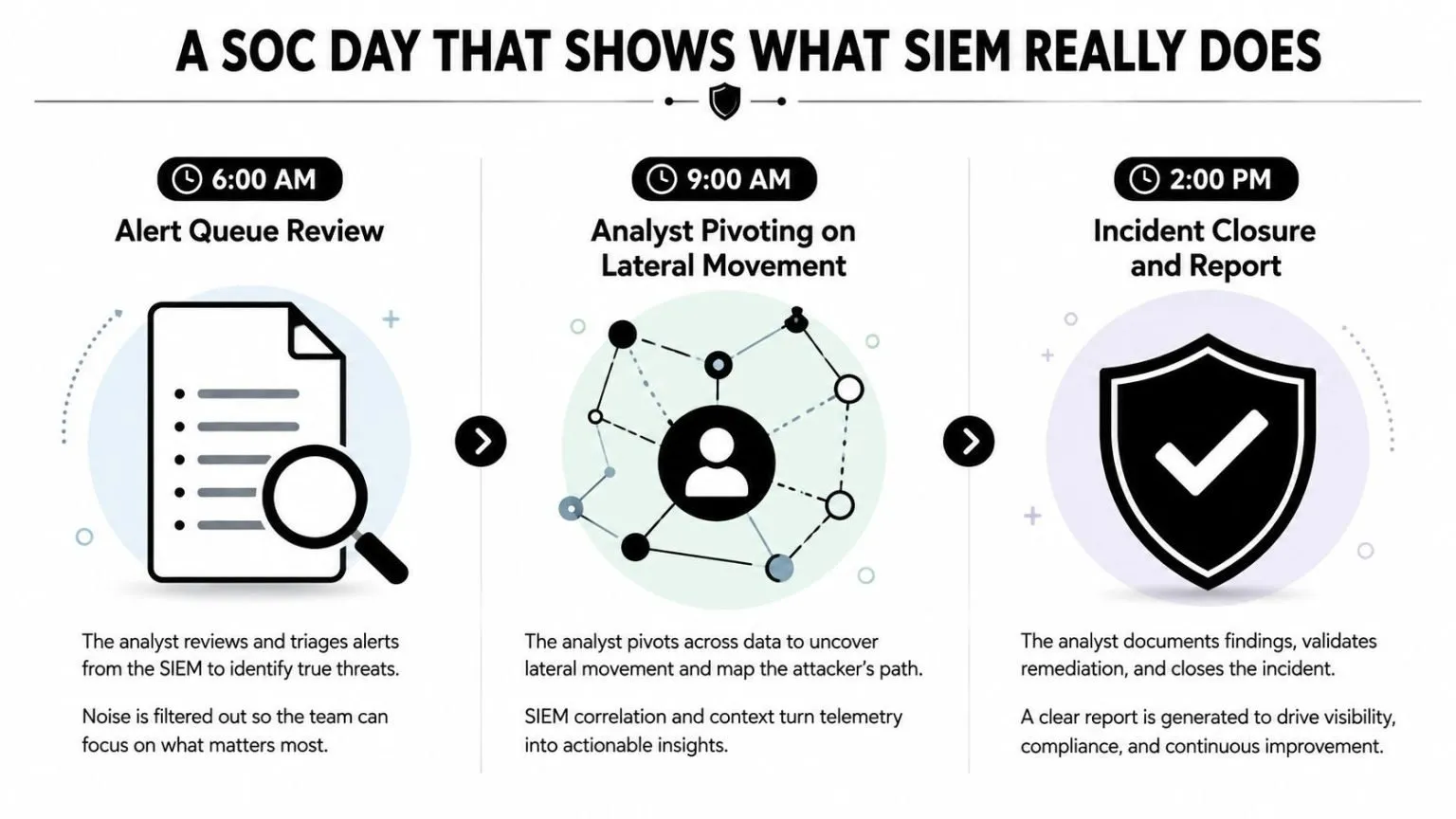 A visual timeline showing a Security Operations Center analyst using a SIEM platform throughout the workday.