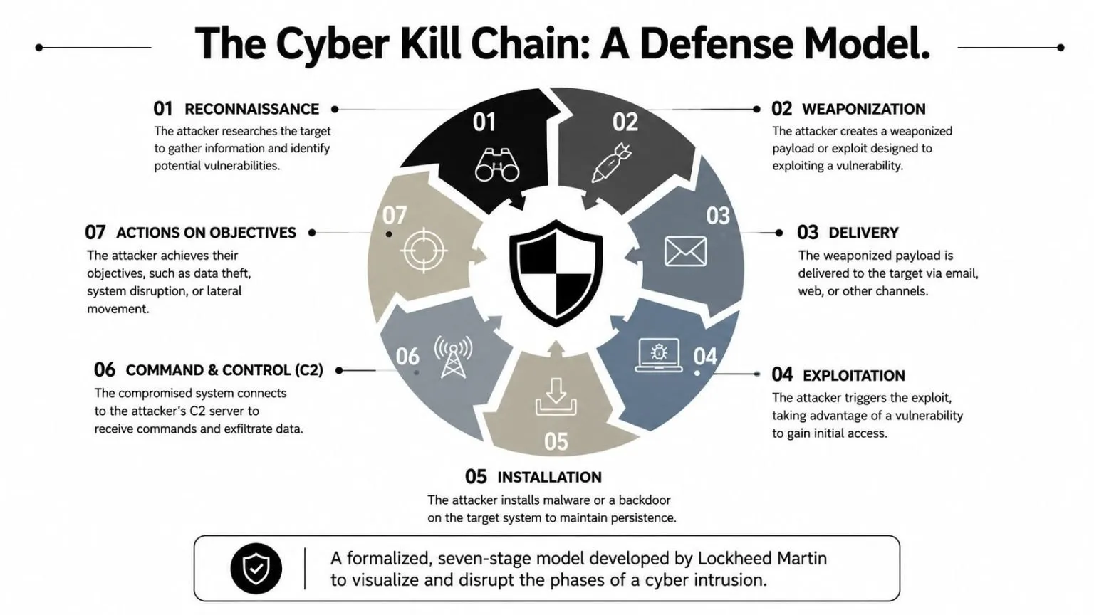 A diagram illustrating the seven stages of the Lockheed Martin Cyber Kill Chain defense model for cyber intrusions.