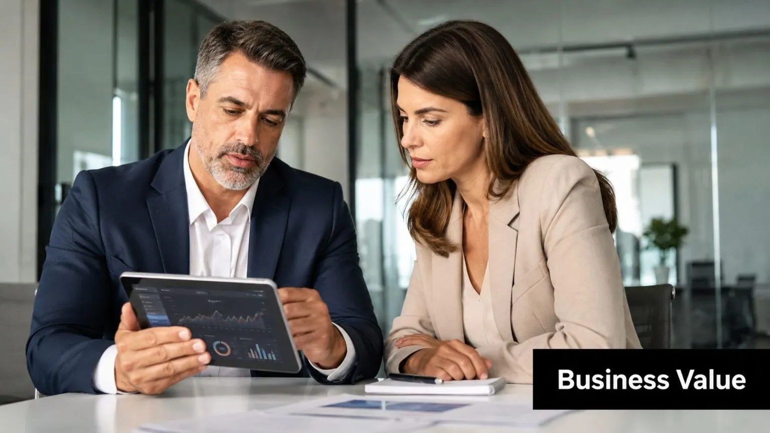 A professional man and woman discussing data analytics on a tablet inside a modern corporate office.