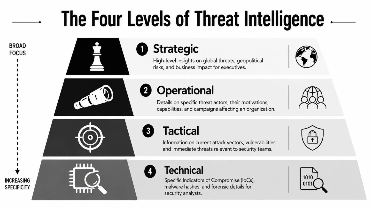 A pyramid diagram showing the four levels of threat intelligence: Strategic, Operational, Tactical, and Technical.
