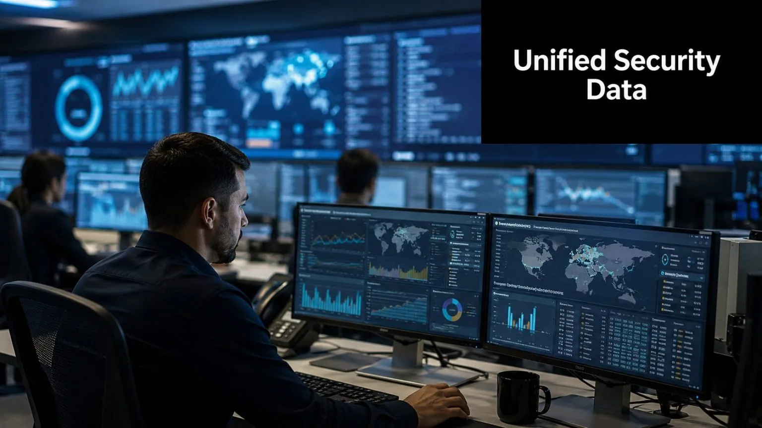A security analyst monitoring global cyber threats and network vulnerabilities on large digital screens in an office.