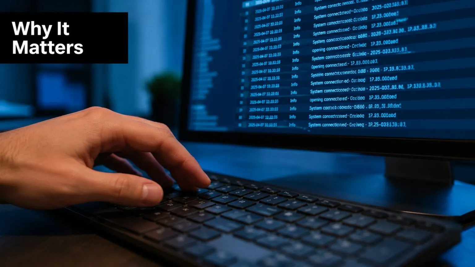 A close-up view of a person typing on a keyboard with computer code displayed on screen.