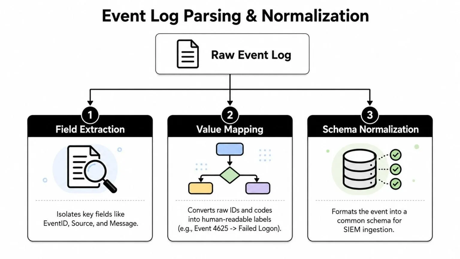 A diagram illustrating the three steps of event log parsing and normalization: extraction, mapping, and schema formatting.