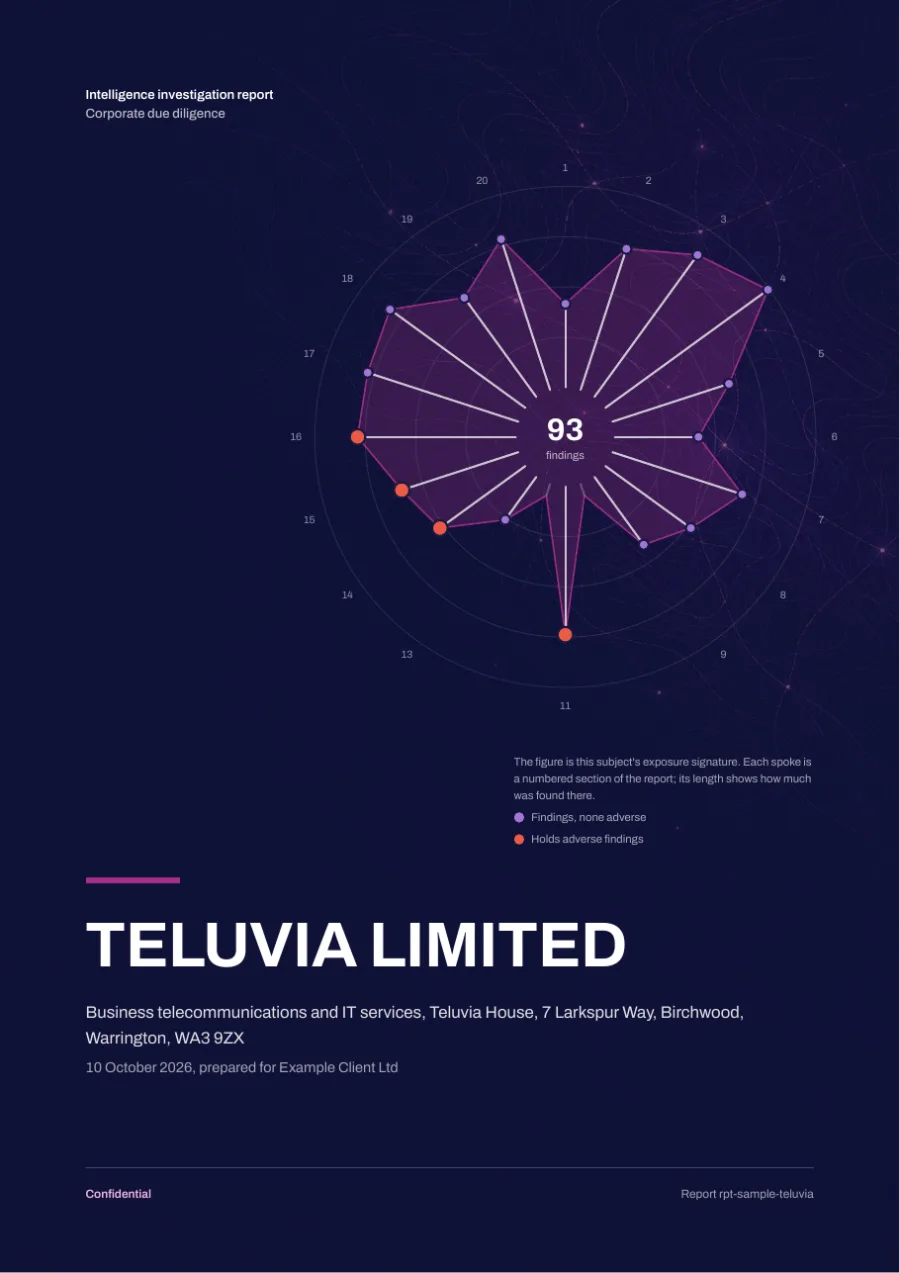 Cover of the sample report: an exposure signature with 93 findings across 20 sections, for the fictional TELUVIA LIMITED