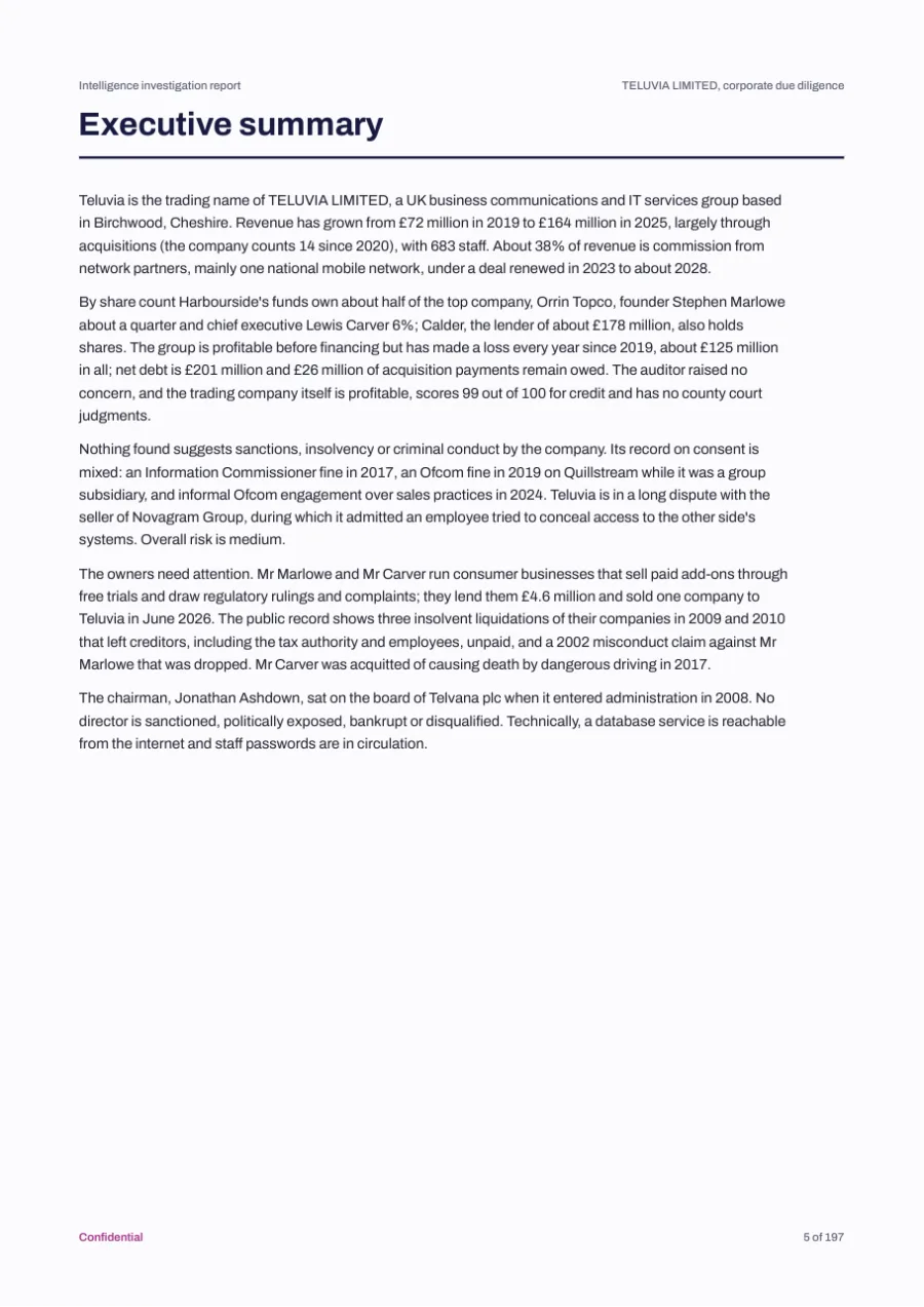Executive summary page of the sample report