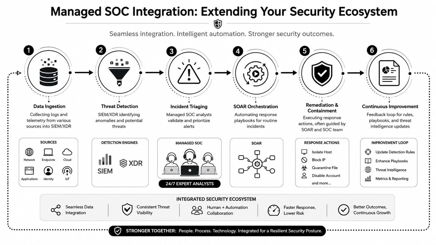 A diagram illustrating a six-step managed SOC process for integrating security tools and automated incident response.